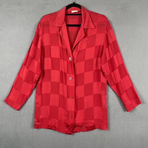 La Perla Shirt Womens Medium Red Silk Checkered Button Up Blouse Made Italy - Picture 1 of 7